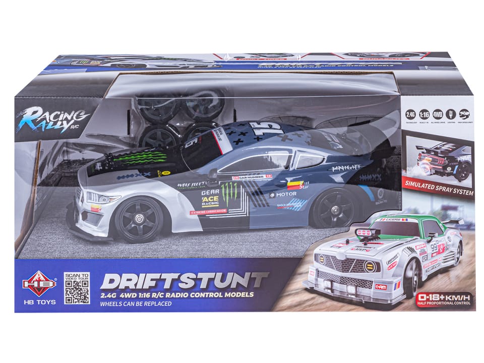 DUŻY Samochód Do Driftu Auto RC Drift 1:16 2,4 GHz PARA DYM Grafitowy Mustang 4WD LED