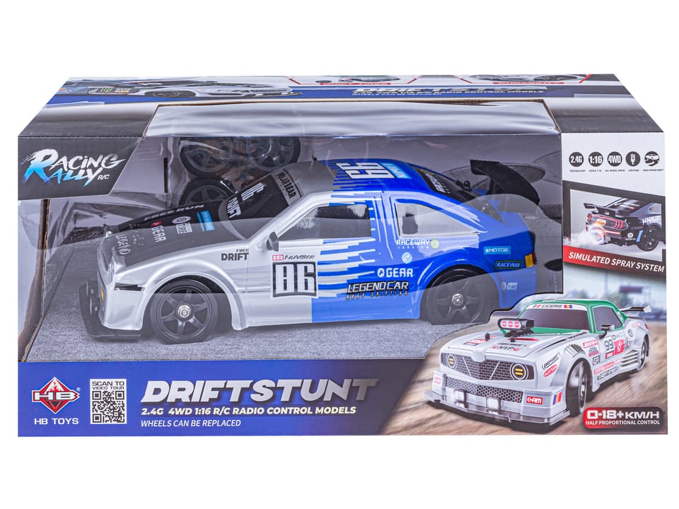 DUŻY Samochód Do Driftu Auto RC Drift 1:16 2,4 GHz PARA DYM Srebrna Toyota 4WD LED