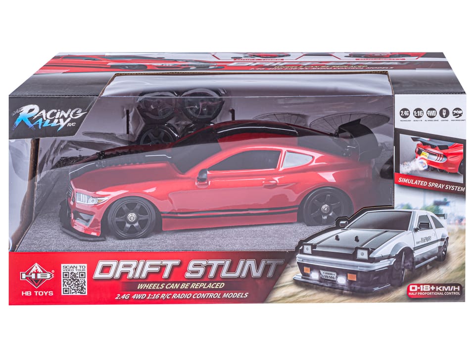 DUŻY Samochód Do Driftu Auto RC Drift 1:16 2,4 GHz PARA DYM Mustang 4WD Czerwony LED