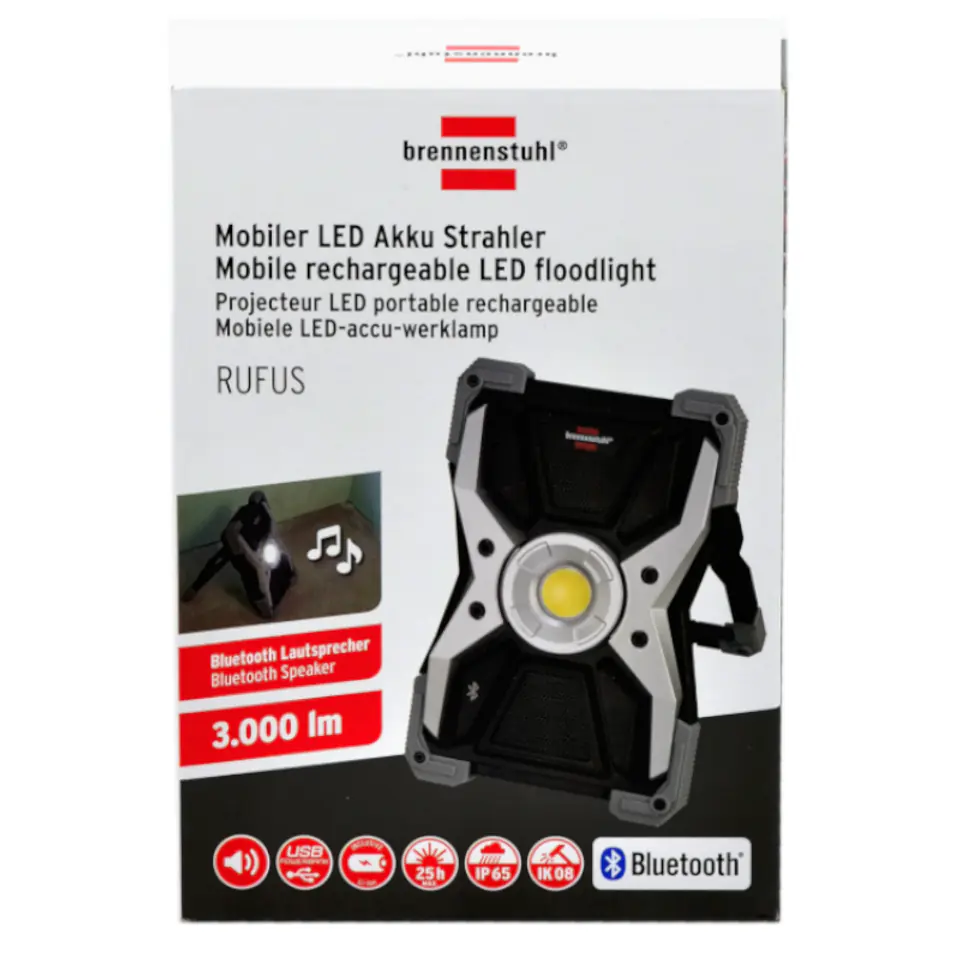 RUFUS battery 3010 IP65, speaker with Brennenstuhl 3000lm, Bluetooth Mobile MA, 1173110200 LED headlamp