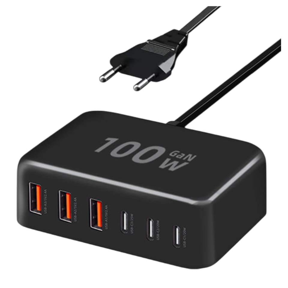 Ładowarka sieciowa 6w1 Super Szybkie Ładowanie 100W GaN 3x USB 3x USB-C Alogy Super Quick Charger Czarna