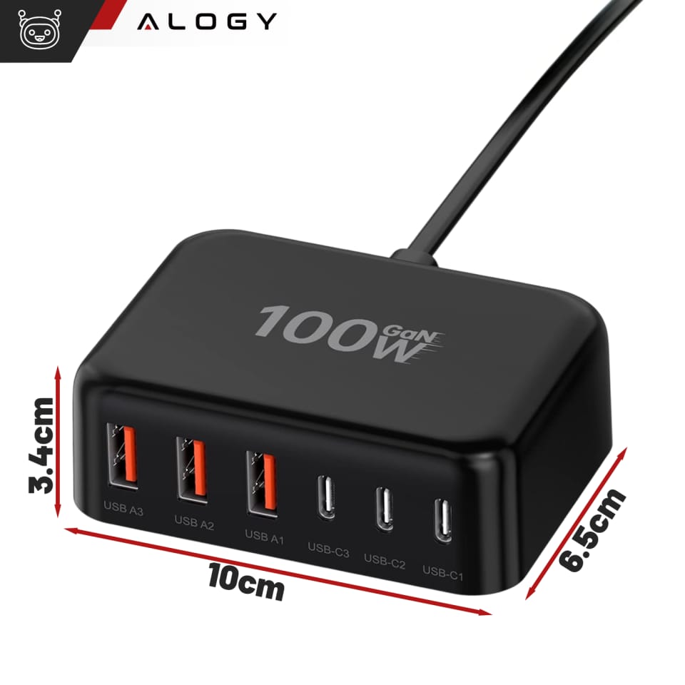 Ładowarka sieciowa 6w1 Super Szybkie Ładowanie 100W GaN 3x USB 3x USB-C Alogy Super Quick Charger Czarna