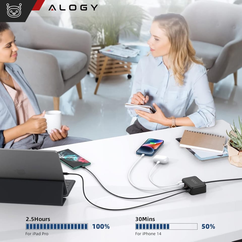 Ładowarka sieciowa 6w1 Super Szybkie Ładowanie 100W GaN 3x USB 3x USB-C Alogy Super Quick Charger Czarna