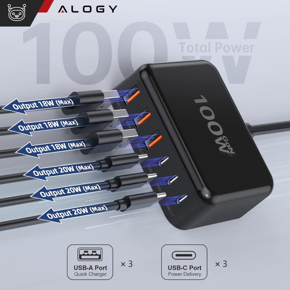 Ładowarka sieciowa 6w1 Super Szybkie Ładowanie 100W GaN 3x USB 3x USB-C Alogy Super Quick Charger Czarna