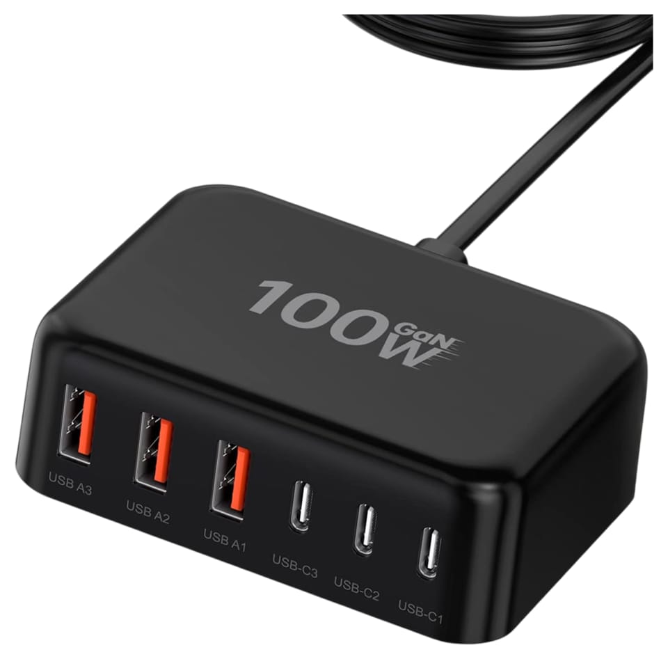 Ładowarka sieciowa 6w1 Super Szybkie Ładowanie 100W GaN 3x USB 3x USB-C Alogy Super Quick Charger Czarna