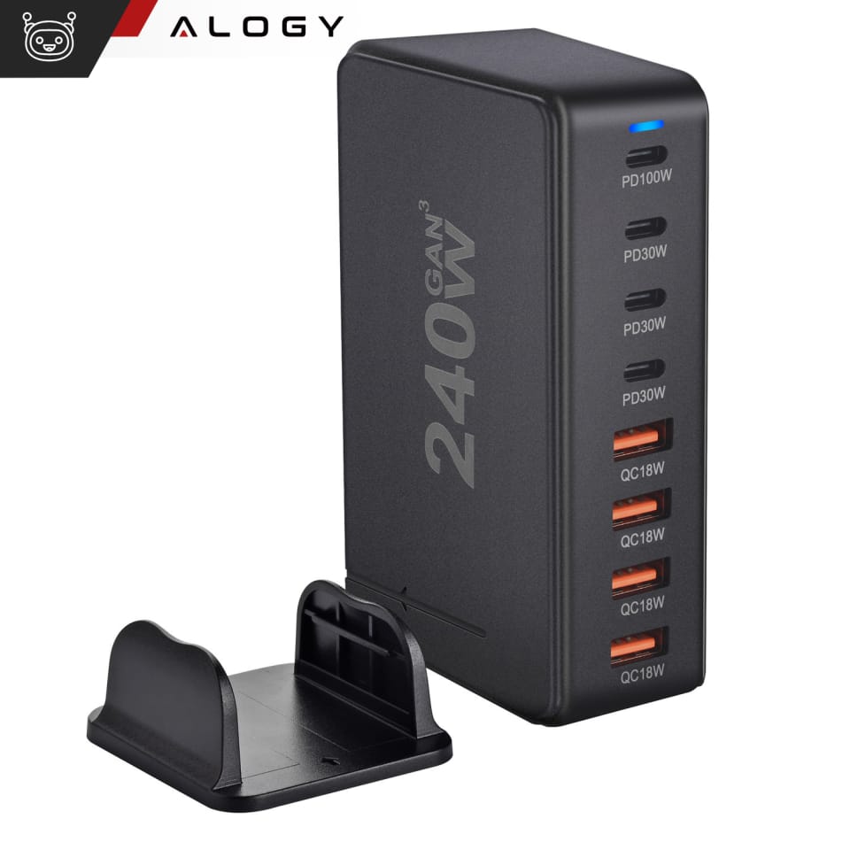 Ładowarka sieciowa 8w1 Ultra Szybka 240W GaN3 4x USB-C 4x USB Alogy Fast Charger Czarna