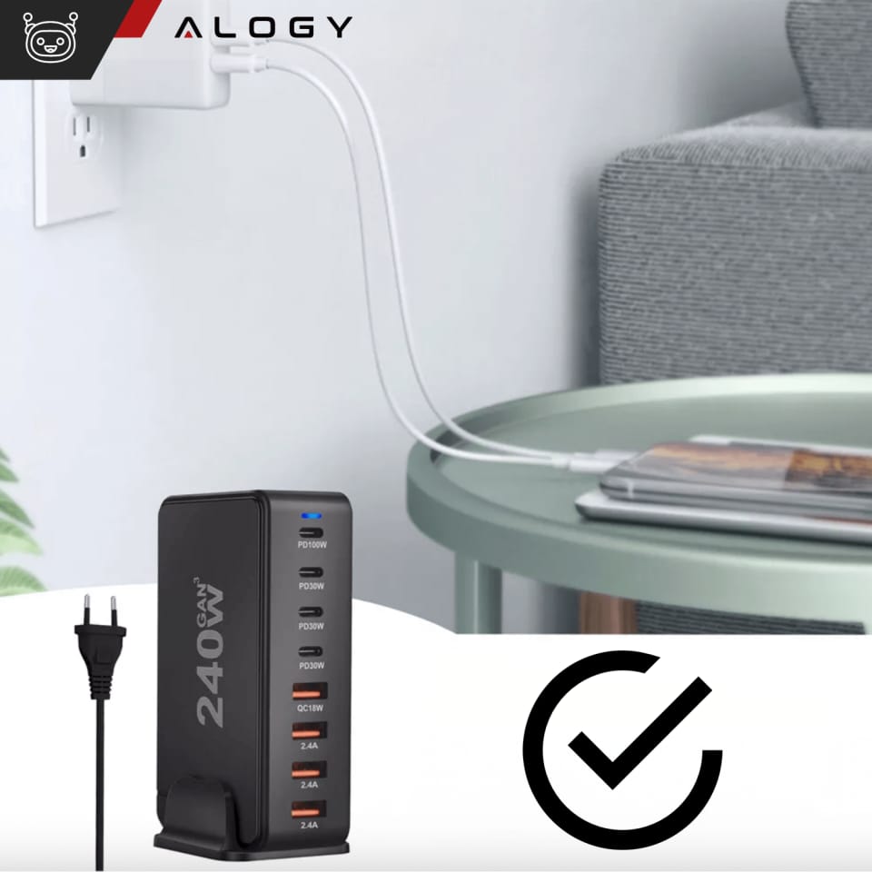 Ładowarka sieciowa 8w1 Ultra Szybka 240W GaN3 4x USB-C 4x USB Alogy Fast Charger Czarna