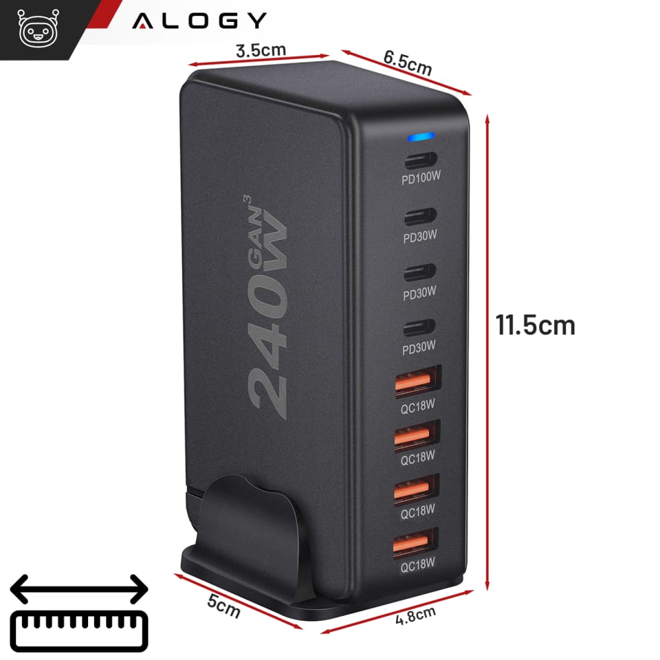 Ładowarka sieciowa 8w1 Ultra Szybka 240W GaN3 4x USB-C 4x USB Alogy Fast Charger Czarna