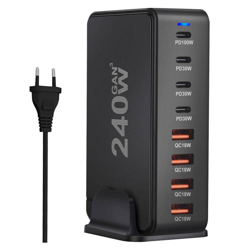 Ładowarka sieciowa 8w1 Ultra Szybka 240W GaN3 4x USB-C 4x USB Alogy Fast Charger Czarna