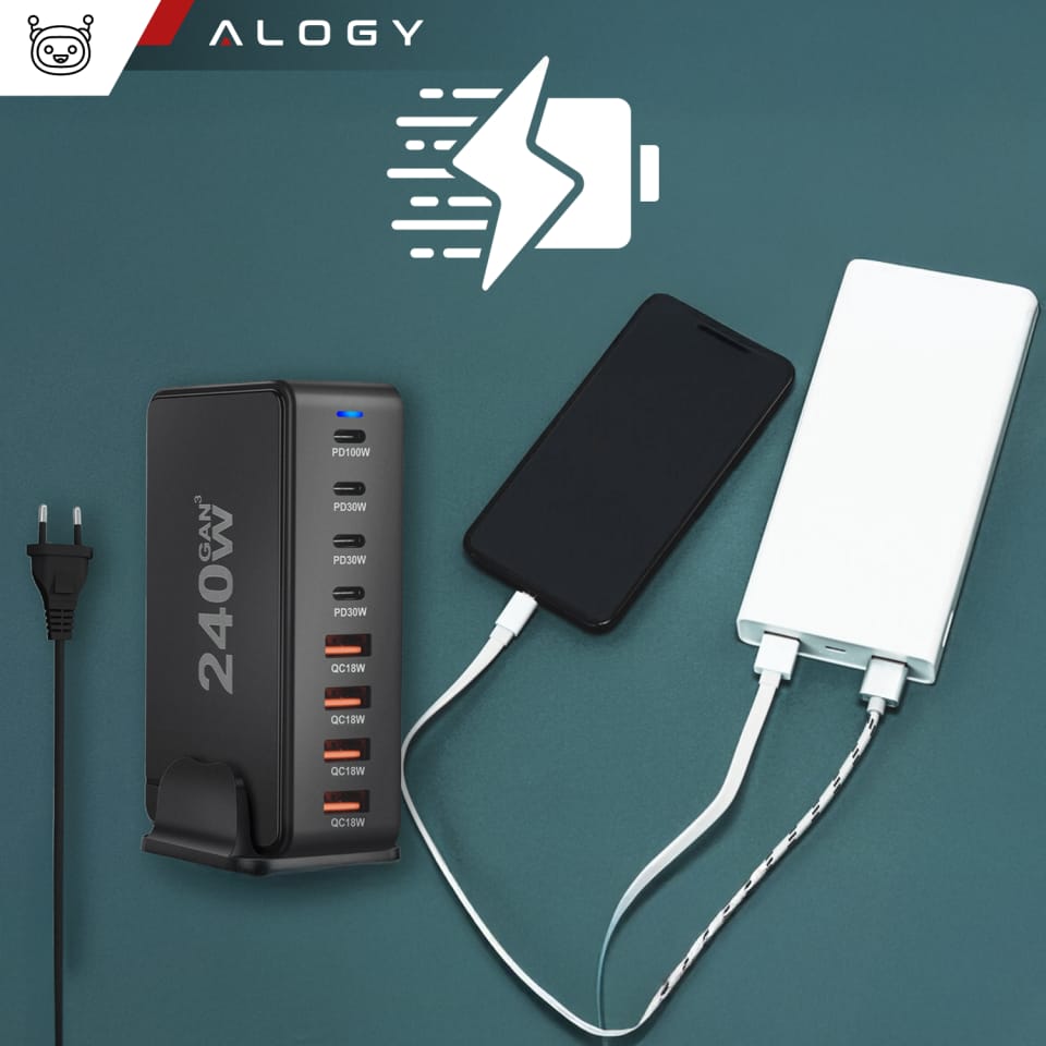 Ładowarka sieciowa 8w1 Ultra Szybka 240W GaN3 4x USB-C 4x USB Alogy Fast Charger Czarna