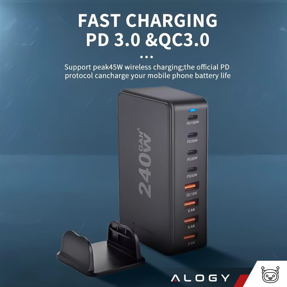 Ładowarka sieciowa 8w1 Ultra Szybka 240W GaN3 4x USB-C 4x USB Alogy Fast Charger Czarna