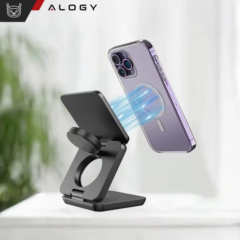 Ładowarka indukcyjna 3w1 do MagSafe QI do Apple iPhone Airpods Watch Alogy QI Charger Stand stojak Czarna