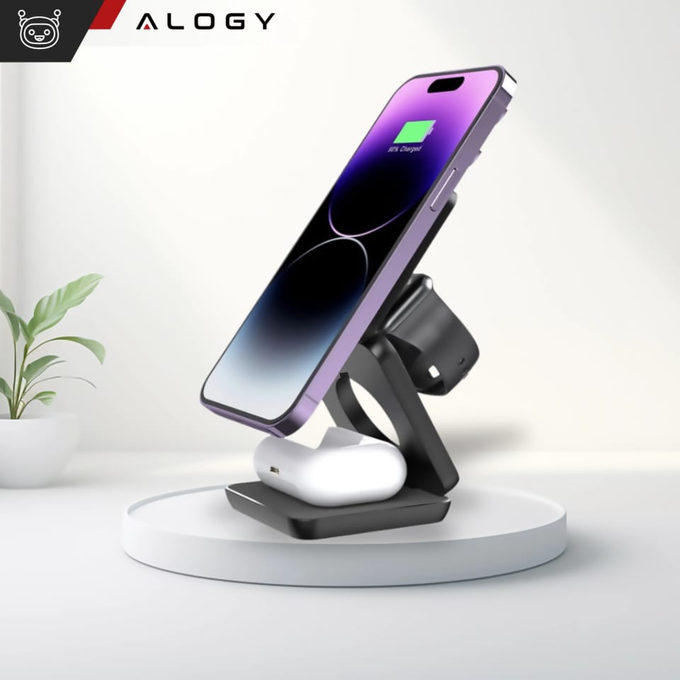 Ładowarka indukcyjna 3w1 do MagSafe QI do Apple iPhone Airpods Watch Alogy QI Charger Stand stojak Czarna