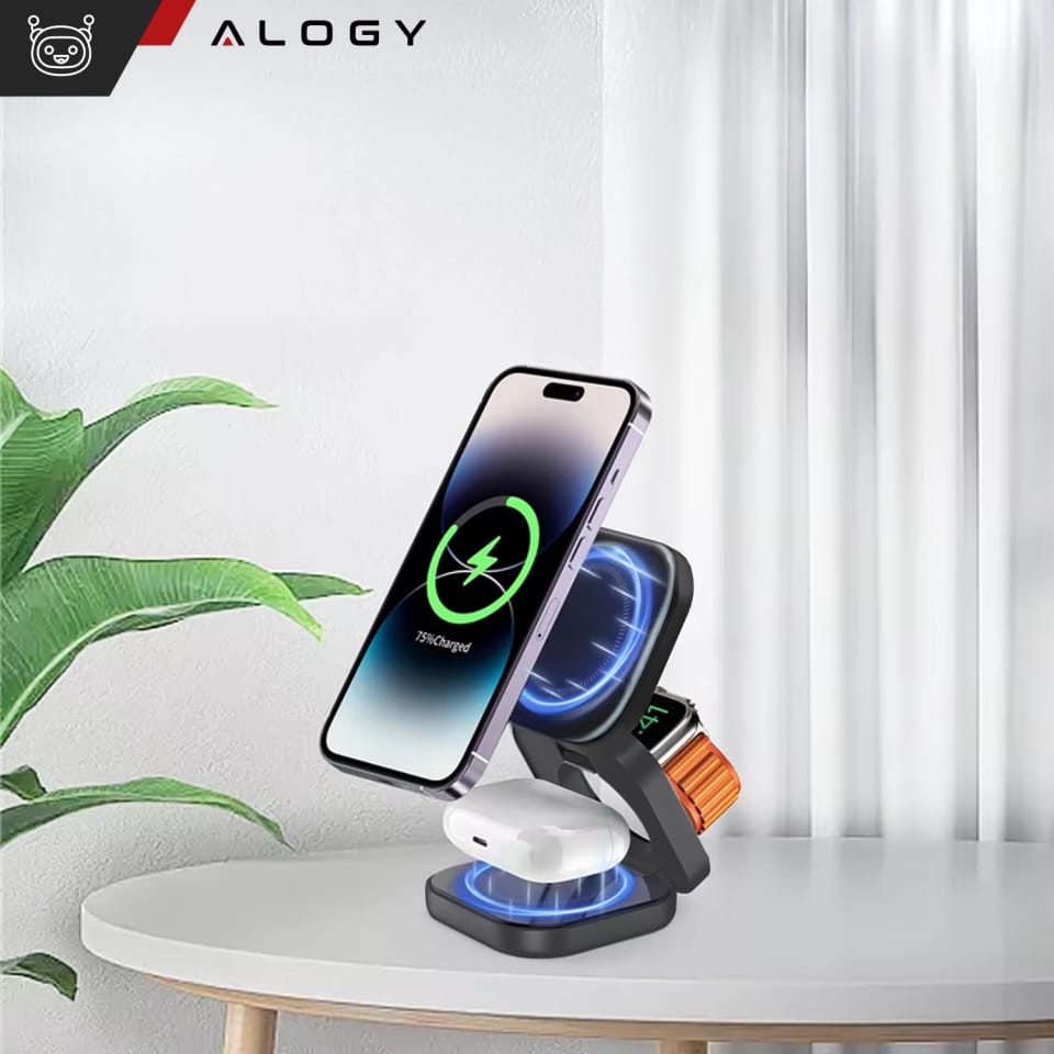 Ładowarka indukcyjna 3w1 do MagSafe QI do Apple iPhone Airpods Watch Alogy QI Charger Stand stojak Czarna