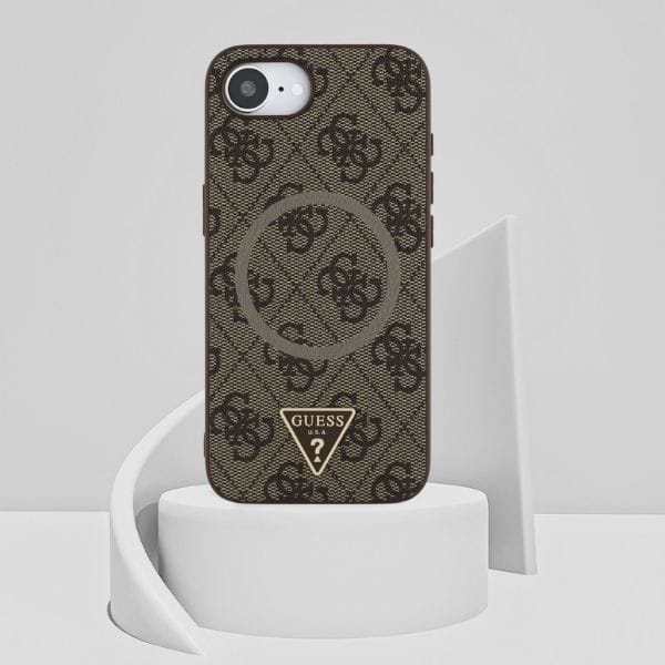 Etui Guess 4G Ring Triangle Logo MagSafe do iPhone 16e brązowy