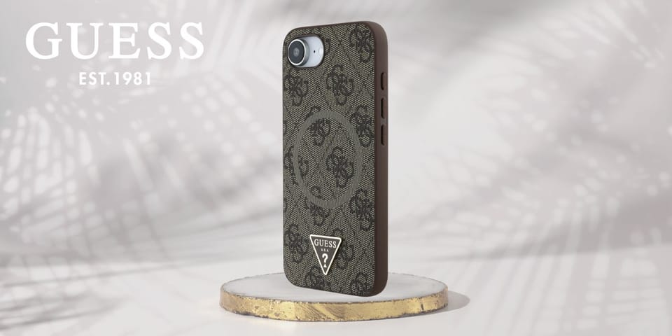 Etui Guess 4G Ring Triangle Logo MagSafe do iPhone 16e brązowy