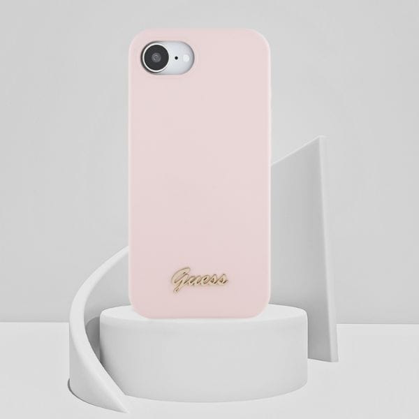 Etui Guess Silicone Script Metal Logo    MagSafe do iPhone 16e różowy