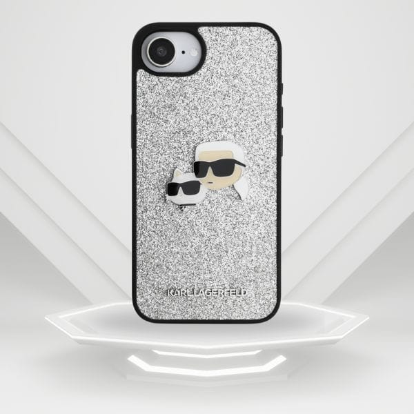 Etui Karl Lagerfeld Fixed Glitter Ikonik Metal Pin do iPhone 16e srebrny