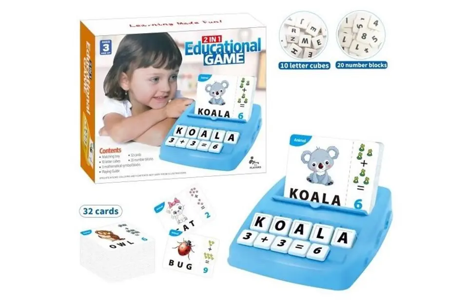 Educational Word Game 2in1 Match Letters, Learning English and Mathematics Learning Counting Flashcards