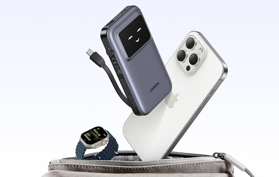 Powerbank 10000mAh Ugreen Uno PB511, 30W, wbudowany kabel USB-C (szary)
