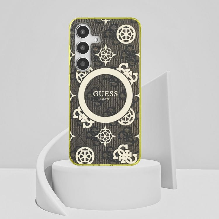 Etui Guess 4G Background Gold            Electroplated Peony Pattern MagSafe do Samsung Galaxy S25 brązowy