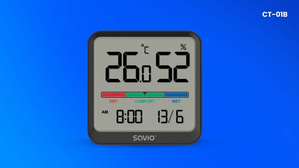 Czujnik temperatury i wilgotności, do użytku wewnętrznego, ekran LCD, zegar, data, uchwyt z magnesem, CT-01/B Czarny