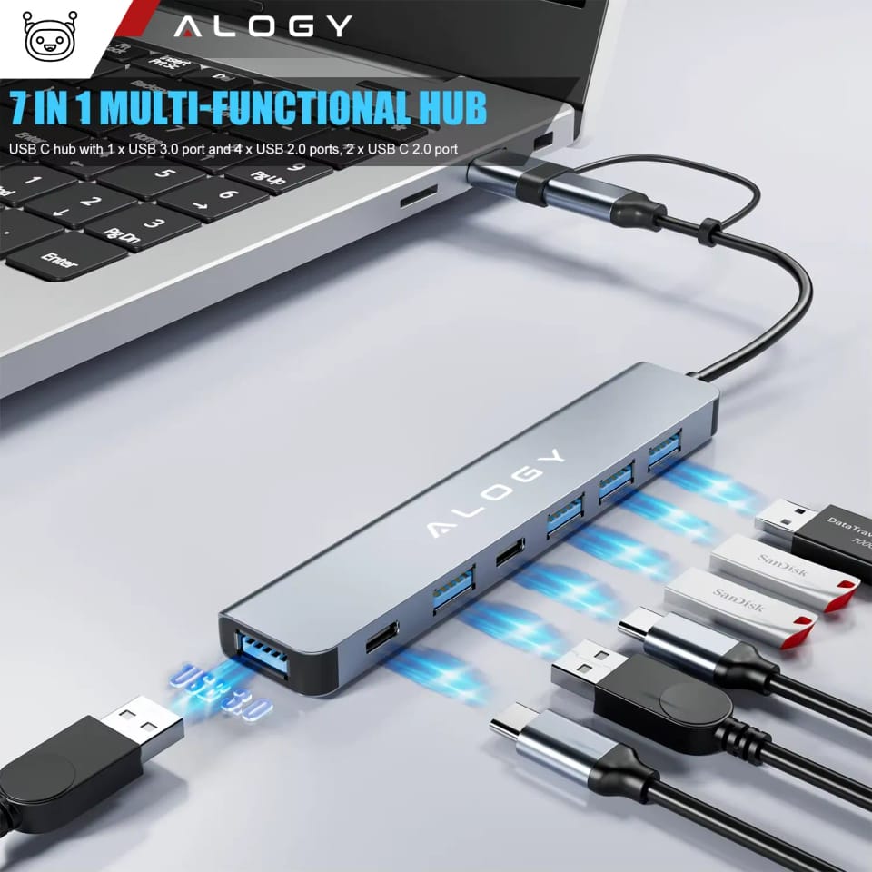 Adapter HUB 7w1 Alogy przejściówka USB-C / USB do USB 3.0 4x USB 2.0 2x USB-C 2.0