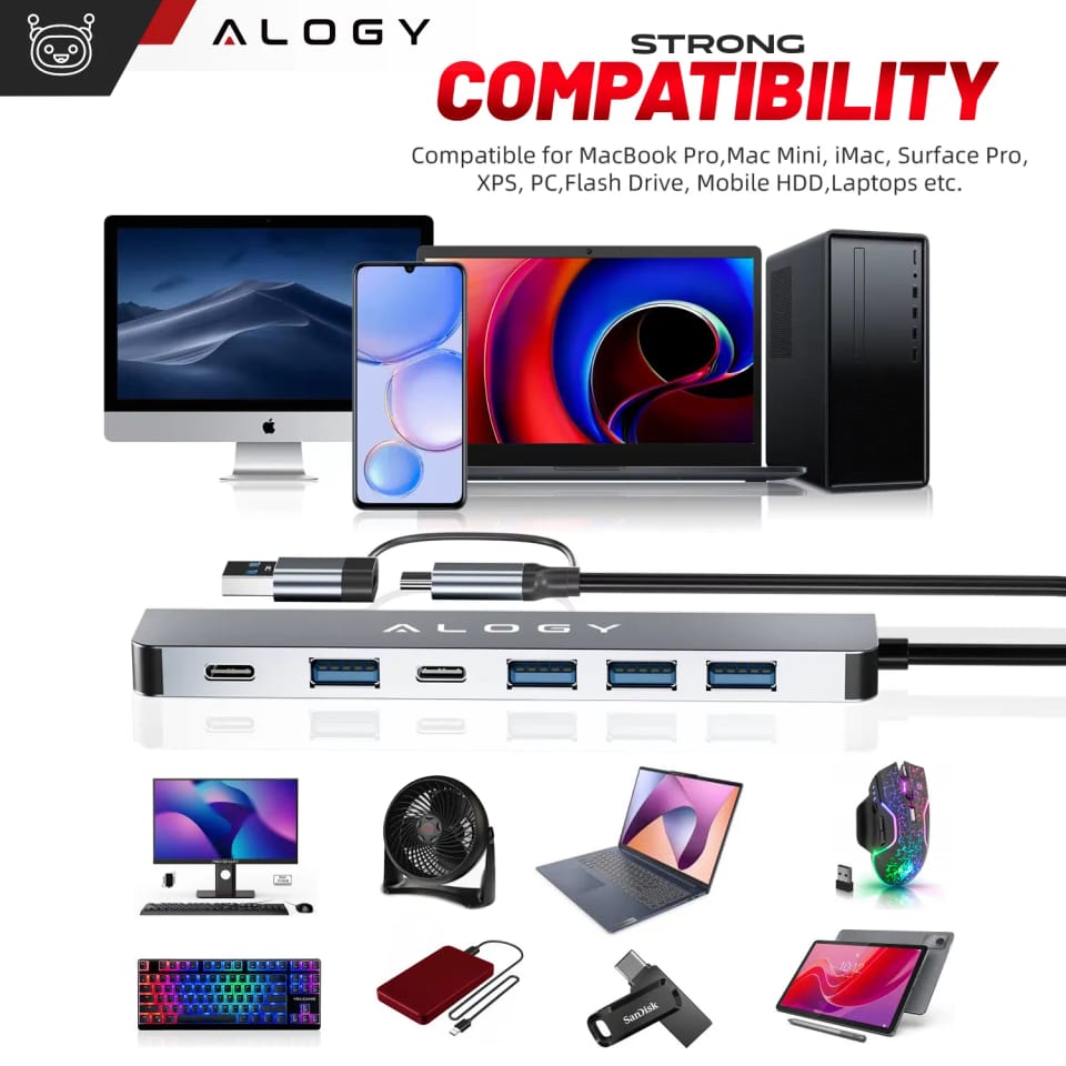 Adapter HUB 7w1 Alogy przejściówka USB-C / USB do USB 3.0 4x USB 2.0 2x USB-C 2.0