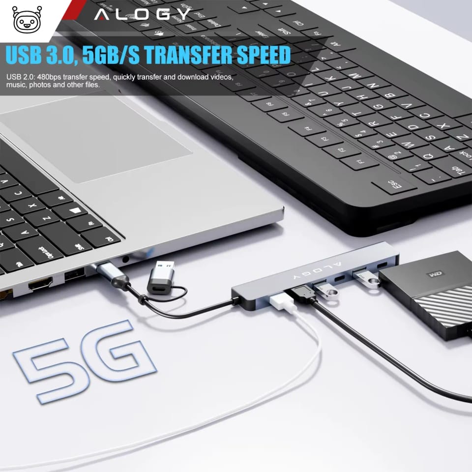 Adapter HUB 7w1 Alogy przejściówka USB-C / USB do USB 3.0 4x USB 2.0 2x USB-C 2.0