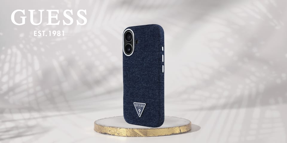 Etui Guess Denim Triangle Logo MagSafe   do iPhone 16 niebieski