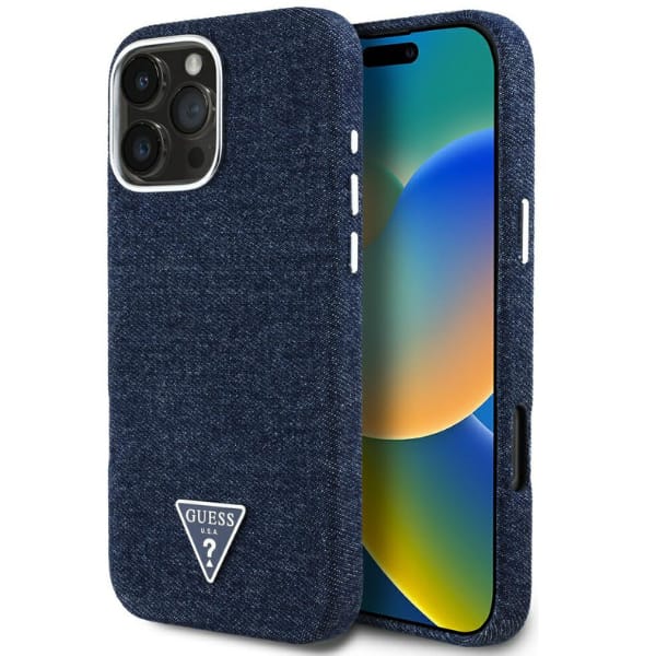 Etui Guess Denim Triangle Logo MagSafe   do iPhone 16 Pro Max niebieski