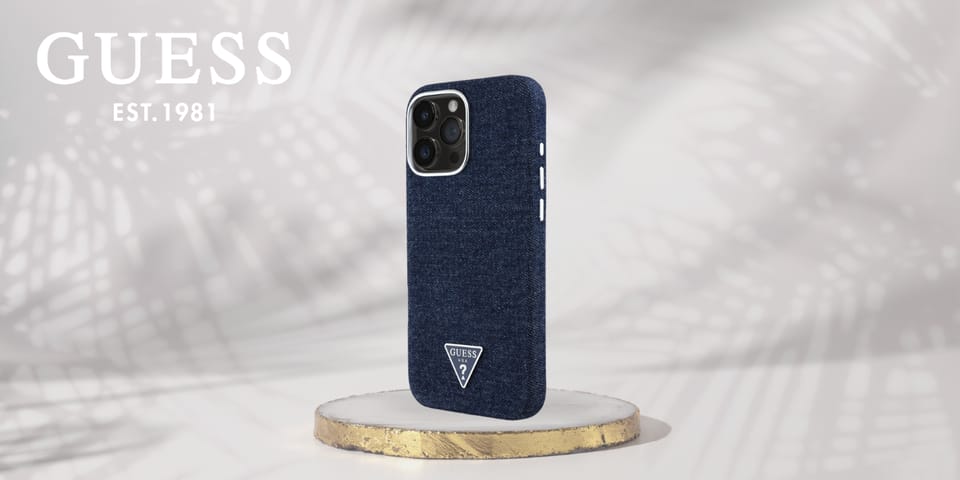 Etui Guess Denim Triangle Logo MagSafe   do iPhone 16 Pro Max niebieski