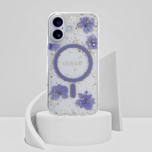 Etui Guess Resin Flowers Glitter MagSafe do iPhone 16 fioletowy
