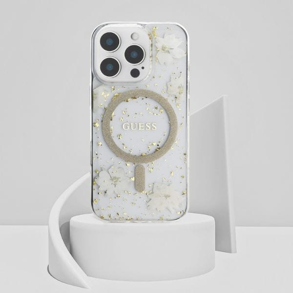 Etui Guess Resin Flowers Glitter MagSafe do iPhone 16 Pro Max beżowy