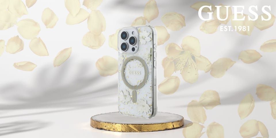 Etui Guess Resin Flowers Glitter MagSafe do iPhone 16 Pro Max beżowy