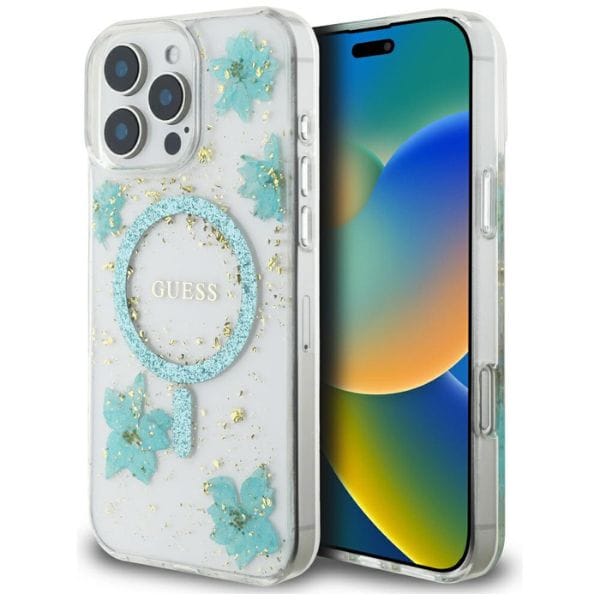 Etui Guess Resin Flowers Glitter MagSafe do iPhone 16 Pro Max turkusowy