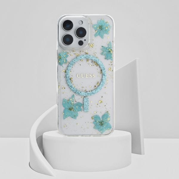 Etui Guess Resin Flowers Glitter MagSafe do iPhone 16 Pro Max turkusowy