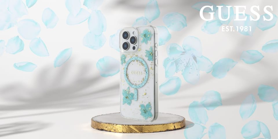 Etui Guess Resin Flowers Glitter MagSafe do iPhone 16 Pro Max turkusowy