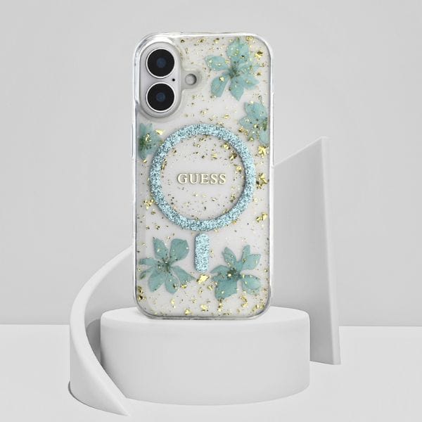 Etui Guess Resin Flowers Glitter MagSafe do iPhone 16 turkusowy