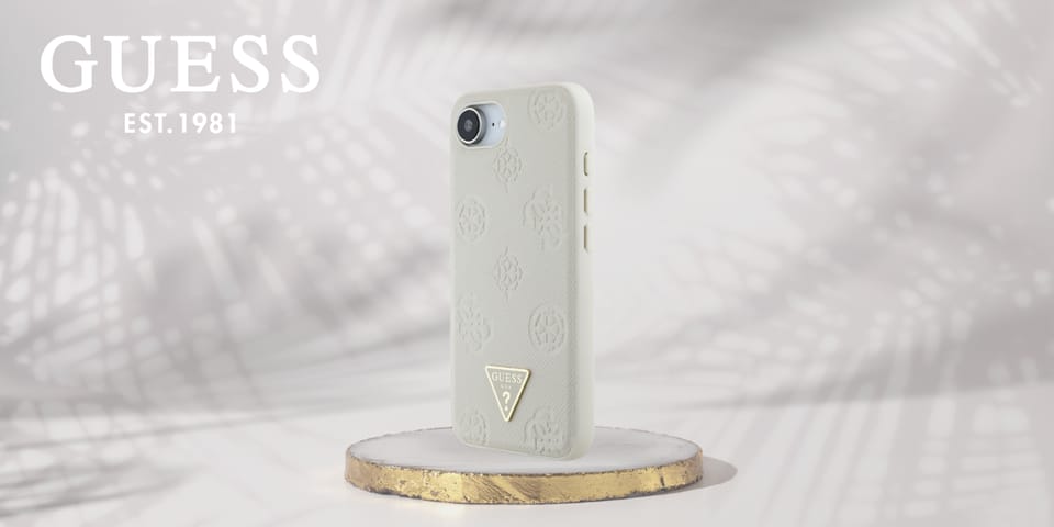 Etui Guess Grained Hot Stamp Peony       Triangle Logo MagSafe do iPhone 16e beżowy