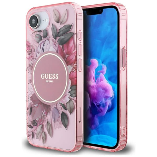 Etui Guess IML Flowers MagSafe do iPhone 16e różowy
