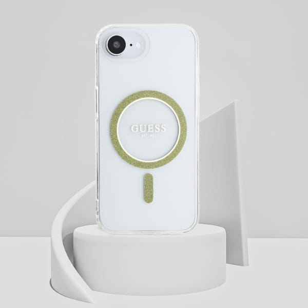 Etui Guess IML Glitter Circle MagSafe do iPhone 16e przezroczysty