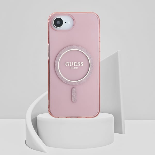 Etui Guess IML Glitter Circle MagSafe do iPhone 16e różowy