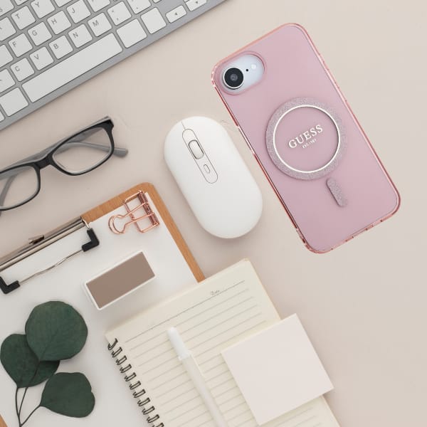 Etui Guess IML Glitter Circle MagSafe do iPhone 16e różowy