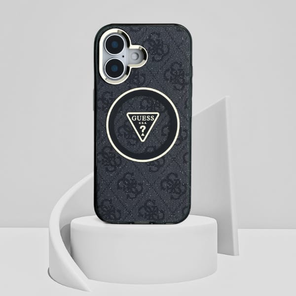 Etui Guess IML Metal Glitter 4G Circle   Triangle MagSafe do iPhone 16 czarny
