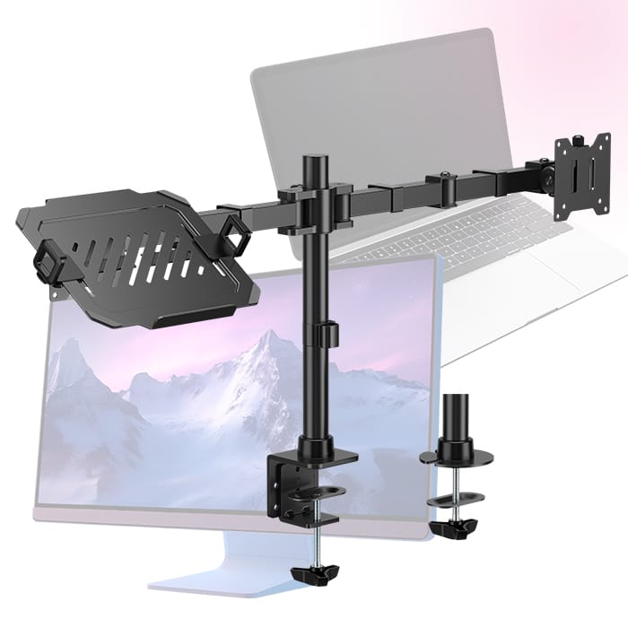 uchwyt na monitor i laptop, uchwyt 2w1, uchwyt z półką na laptopa, uchwyt biurkowy pod laptopa, uchwyt do monitora z ramieniem, laptop podniesiony do poziomu oczu, laptop i monitor razem, Spacetronik uchwyt, uchwyt laptop 9 kg, biurkowy uchwyt 2w1