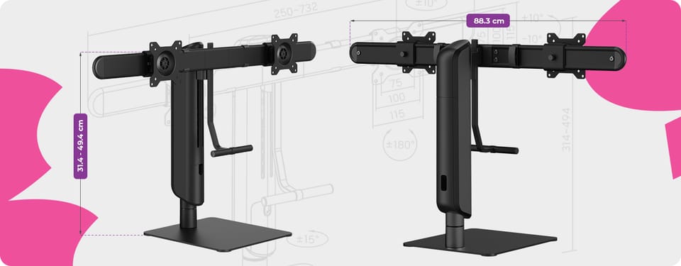 mobilna podstawa na dwa monitory, stojak na dwa monitory 32 cale, uchwyt na monitory z regulacją wysokości, ergonomiczna podstawa do monitorów, podstawka pod dwa monitory 8kg, uchwyt VESA 75x75 100x100, stojak do biura na monitory, regulowany uchwyt do monitorów
