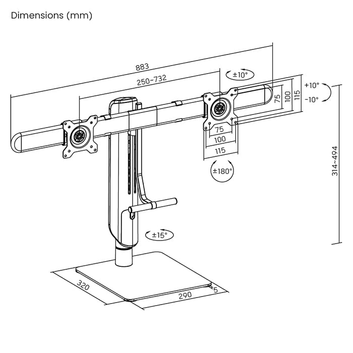 mobilna podstawa na dwa monitory, stojak na dwa monitory 32 cale, uchwyt na monitory z regulacją wysokości, ergonomiczna podstawa do monitorów, podstawka pod dwa monitory 8kg, uchwyt VESA 75x75 100x100, stojak do biura na monitory, regulowany uchwyt do monitorów