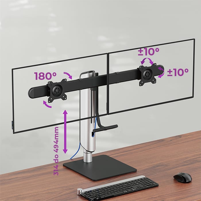 regulacja kąta nachylenia monitora, obrót ekranu, obracany uchwyt VESA, pozycja pionowa monitor, mobilna podstawa do biura, podstawka pod monitor z rotacją, ergonomiczne stanowisko pracy, stojak na dwa monitory obrotowy, uchwyt do pracy w pionie, podstawa z pełną regulacją