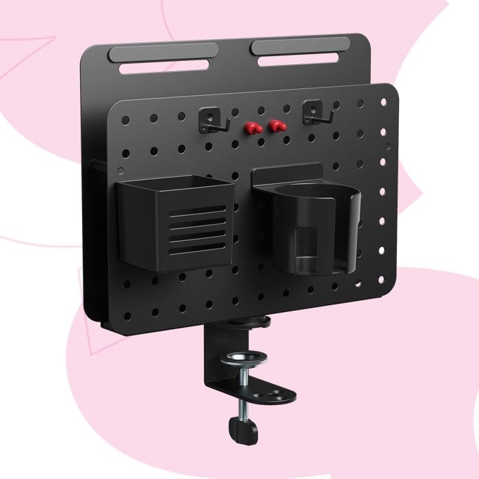 obrotowa tablica perforowana na biurko, organizer biurowy Spacetronik Holdee, tablica z uchwytami, tablica na akcesoria biurowe, organizer obrotowy do biurka, pegboard na biurko, organizer zaciskowy, perforowana tablica pionowa
